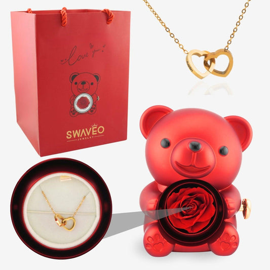 Eternal Rose Teddy Bear Jewelry Gift Box | Interlocking Heart Engraved Necklace Luxury Valentine Gift Set 🌹