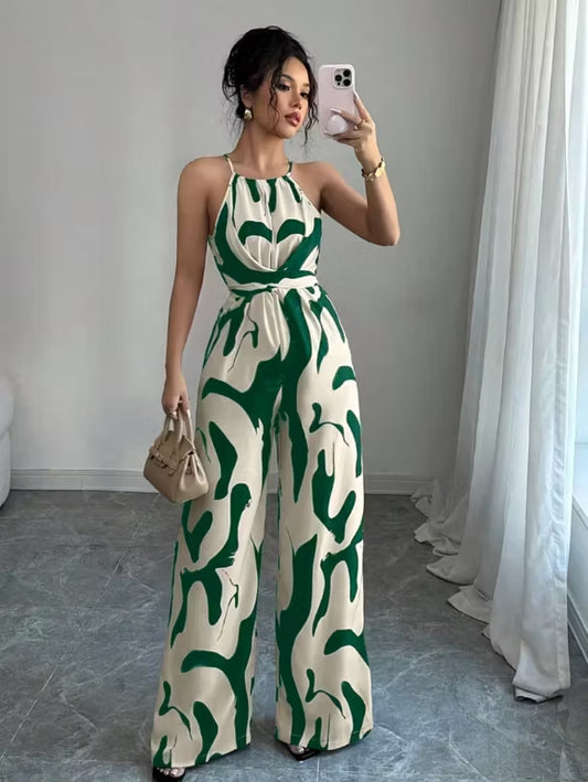 Luxury Satin Abstract Print Halter Jumpsuit | High Waist Belt Wide Leg Floor-Length Pants Elegant One Piece Outfit For Vacation, Date & Office 👗✨