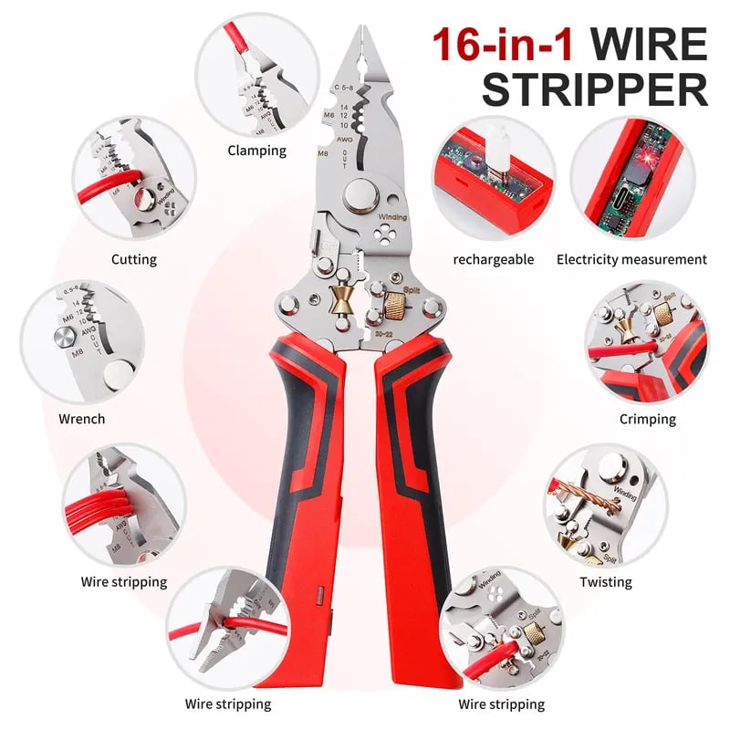 16 in 1 Wire Stripper Twister for Cutting and Pulling Wires,Cable Scissors,Voltage Tester Pliers, 30V to 220V Live,Null,Hot Wire Judgment AC DC, Audible and Flashing LED Alarms